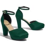 Lyngixko Women's High Block Heels Pumps Round Closed Toe Ankle Strap Dress Wedding Shoes Green