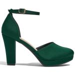 Lyngixko Women's High Block Heels Pumps Round Closed Toe Ankle Strap Dress Wedding Shoes Green