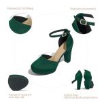 Lyngixko Women's High Block Heels Pumps Round Closed Toe Ankle Strap Dress Wedding Shoes Green
