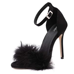 MMJULY Women's Open Toe Ankle Strap Fluffy Feather Stiletto High Heel Dress Sandal Black US 9