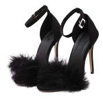 MMJULY Women's Open Toe Ankle Strap Fluffy Feather Stiletto High Heel Dress Sandal Black US 9