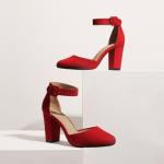 Red Suede Block Heel Ankle Strap Sandals