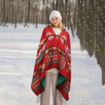 Boho Fringe Poncho: Vintage Geometric Plaid Shawl, Cashmere Cardigan