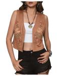 Retro Cowgirl Vest: Floral Embroidery, Brown, Size L