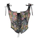 Black Floral Retro Camisole with Drawstring Tie-Up (X-Large)