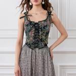 Black Floral Retro Camisole with Drawstring Tie-Up (X-Large)