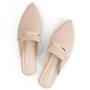 MUSSHOE Mules for Woman Pointed Toe Women's Bukle Mule Flat Slip-on Womens Mules Shoes Casual Fashion Party Work,Nude Suede 9