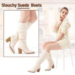 Putu Women's Pointed Toe Knee High Boots Faux Suede Slouch Boots with Chunky Heel Beige 11