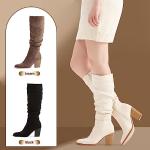 Putu Women's Pointed Toe Knee High Boots Faux Suede Slouch Boots with Chunky Heel Beige 11