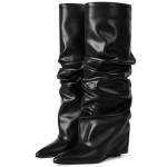 Oiamenne Women's Fold Over Boots Slouched Ruched Knee High Boots for Women Wedge Heel Pointed Toe Tall Boot Wide Calf Pull-on Casual Boots Size 8.5