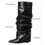 Oiamenne Women's Fold Over Boots Slouched Ruched Knee High Boots for Women Wedge Heel Pointed Toe Tall Boot Wide Calf Pull-on Casual Boots Size 8.5