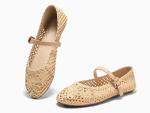 Coutgo Womens Mary Jane Woven Flats Round Toe Ballet Flats Dressy Comfortable Slip On Shoes, Apricot, Size 8