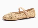 Coutgo Womens Mary Jane Woven Flats Round Toe Ballet Flats Dressy Comfortable Slip On Shoes, Apricot, Size 8