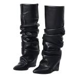 Yishaweiqi Slouched Ruched Fold Over Boots for Women Covered Wedge Heel Knee High Boots Wide Calf Pointed Toe Casual Boots