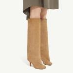 UBWDU Wide Calf Knee High Boots Women Tall Boots Suede Square Toe Stiletto Suede Boots High Heel Long Booties Nude 11
