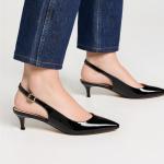 GENSHUO Black Women's Low Kitten Heel Slingback Ankle Strap Pump Pointed Toe Comfortable Formal Party Wedding Dress Shoes Patent Leather Size 9