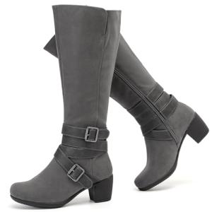 Ruiee Knee High Boots for Women Chunky Heel Casual Comfort Pointed Toe Boot Womens Fashion Fall Winter Knee-High Boots. 230304 Grey ZPU Size8.5