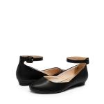 DREAM PAIRS Women's Dress Flats Ballet Low Wedge Round Toe Ankle Strap Comfortable Casual Flats Shoes, Revona，Black/PU-1,Size 8