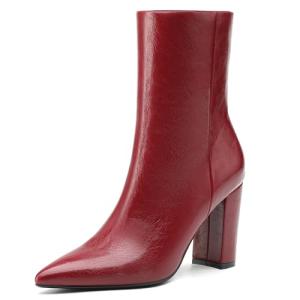 NEWBELLA Women's British Style Ankle Boots - Fashionable Vegan Leather Short Boots, Versatile Chunky Heel Booties for Everyday Wear, Burgundy 7.5