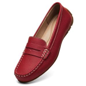 KORDAL Women's Comfortable & Lightweight Red Leather Penny Loafers Slip-Ons Cute Business Casual Dress Shoes Work Office Flats Everyday Walking Shoes Driving Mocs for Women 6 M US