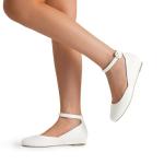DREAM PAIRS Women's Dress Flats Ballet Low Wedge Round Toe Ankle Strap Comfortable Casual Flats Shoes,Size 8.5,White/Pu,REVONA