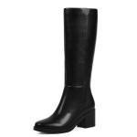 Easyfox Knee High Boots for Women Round Toe Black Heel Boots Chunky Heeled Calf High Leather Black Boot Tall Long Dress Block Heel Fall Boot 2025 Size 7