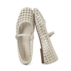 DREAM PAIRS Woven Ballet Mary Jane Flats for Women Dressy Comfortable Square Toe Ballerina Flats with Adjustable Buckle Strap for Work Casual Travel Daily,Size 9,Beige,SDFA26006W