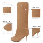 VOZTOLLS Women's Knee High Boots Suede Wide Calf Stiletto Tall Booties Square Toe Pull On High Heel Riding Long Boots for Women Ladies Fahion Dress Boots Nude Size 7.5