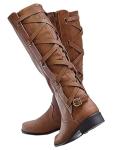 Syktkmx Womens Strappy Motorcycle Knee High Boots Winter Lace Up Riding Flat Low Heel Shoes, Brown, Size 9