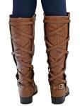 Syktkmx Womens Strappy Motorcycle Knee High Boots Winter Lace Up Riding Flat Low Heel Shoes, Brown, Size 9