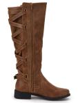 Syktkmx Womens Strappy Motorcycle Knee High Boots Winter Lace Up Riding Flat Low Heel Shoes, Brown, Size 9