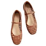 Molozoey Woven Mesh Ballet Flats for Women with Metal Buckle Strap Ballerina Flat Shoes Comfortable Round Toe Mary Jane Flat Brown.