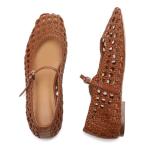 Molozoey Woven Mesh Ballet Flats for Women with Metal Buckle Strap Ballerina Flat Shoes Comfortable Round Toe Mary Jane Flat Brown.