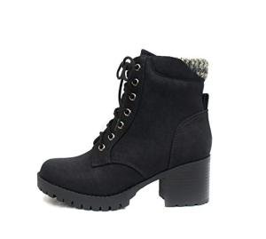 Soda Single Lug Sole Chunky Heel Combat Ankle Boot Lace up w/Side Zipper (Black (Nubuck), 10)