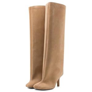 VOZTOLLS Suede Knee High Boots for Women Square Toe Stiletto Heel Long Boots Pull On Wide Calf Tall High Heel Boots Fashion Fall Winter Booties Beige Size 8