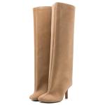 VOZTOLLS Suede Knee High Boots for Women Square Toe Stiletto Heel Long Boots Pull On Wide Calf Tall High Heel Boots Fashion Fall Winter Booties Beige Size 8
