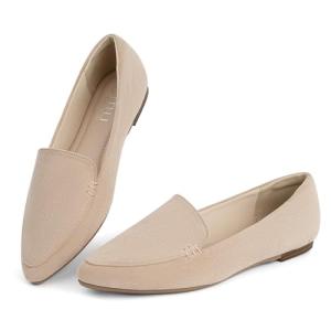 MUSSHOE Pointed Toe Flats for Women, Comfortable Business Casual Work Shoes, Slip On Loafers with Arch Support, Office Walking Flats for All Day Standing Beige Suede