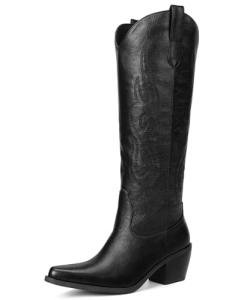 Pasuot Western Cowboy Boots for Women - Knee High Wide Calf Cowgirl Boots, Slip On Pointed Toe Chunky Heel Fashion Retro Classic Pull On Tall Boot for ladies Party concert Black US 7