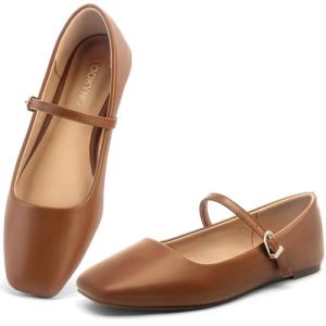 Lookyno Womens Ballet Mary Jane Flats Shoes Adjustable Strap Square Closed Toe Chic Footwear with Latex Insole, Brown, US 8