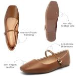 Lookyno Womens Ballet Mary Jane Flats Shoes Adjustable Strap Square Closed Toe Chic Footwear with Latex Insole, Brown, US 8