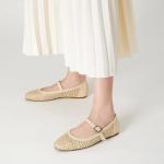 Trary Mary Jane Shoes Women Woven Flats for Women Ballet Flats Shoes Squared Toe Mary Jane Flats Ankle Strap Dressy Comfortable Beige Size 8