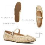 Trary Mary Jane Shoes Women Woven Flats for Women Ballet Flats Shoes Squared Toe Mary Jane Flats Ankle Strap Dressy Comfortable Beige Size 8