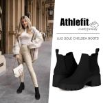 Athlefit Women's Chelsea Boots Fashion Lug Sole Chunky Heel Slip on Elastic Ankle Booties Black Suede Size 8.5