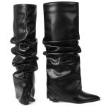 Oiamenne Women's Fold Over Boots Slouched Knee High Boots for Women Wedge Heel Pointed Toe Tall Boot Wide Calf Pull-on