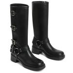 AMINUGAL Black Knee High Boots Women Square Toe Pull On Wide Calf Riding Boots Fashion Buckles Chunky Metallic Casual Vintage Buckle Rivet Size 8.5