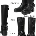 AMINUGAL Black Knee High Boots Women Square Toe Pull On Wide Calf Riding Boots Fashion Buckles Chunky Metallic Casual Vintage Buckle Rivet Size 8.5