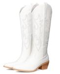 Pasuot Western Cowboy Boots for Women - Knee High Wide Calf Cowgirl Boots, Slip On Pointed Toe Chunky Heel Fashion Retro Classic Pull On Tall Boot for ladies Party concert White US 7.5