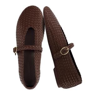 CUSHIONAIRE Bistro Mary Jane Flats for Women, Woven Ballet Flats Shoes with Strap and Memory Foam for All-Day Comfort, Brown 8