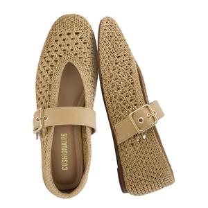 CUSHIONAIRE Gabby Woven Mary Jane Ballet Flats for Women, Comfortable Dressy Flat Shoes with Adjustable Gold-Tone Buckle and Memory Foam Cushioning, TAN 8