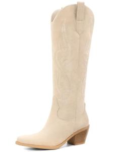 Pasuot Western Cowboy Boots for Women - Knee High Wide Calf Cowgirl Boots, Slip On Pointed Toe Chunky Heel Fashion Retro Classic Pull On Tall Boot for ladies Party concert Beige Suede US Wide 8